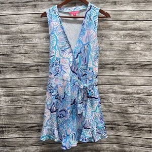 L Lilly Pulitzer Rilla Wrap Romper In Bermuda Blue Fishful Thinking Large